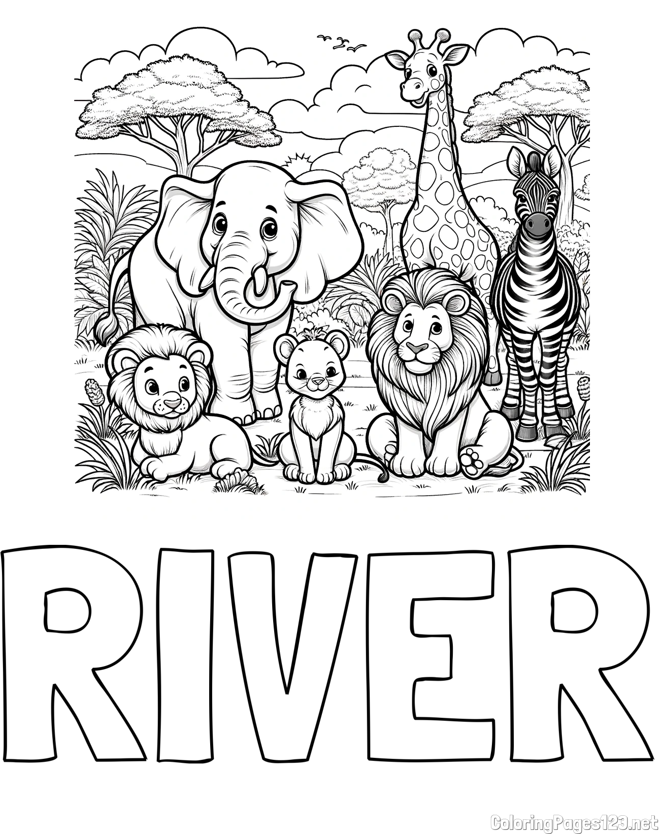 RIVER Coloring Page and Beautiful Animal Coloring Page - Lion Family, Elephant, Giraffe, and Zebra