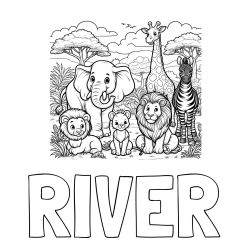 Online Created Coloring Page - RIVER Coloring Page and Beautiful Animal Coloring Page - Lion Family, Elephant, Giraffe, and Zebra