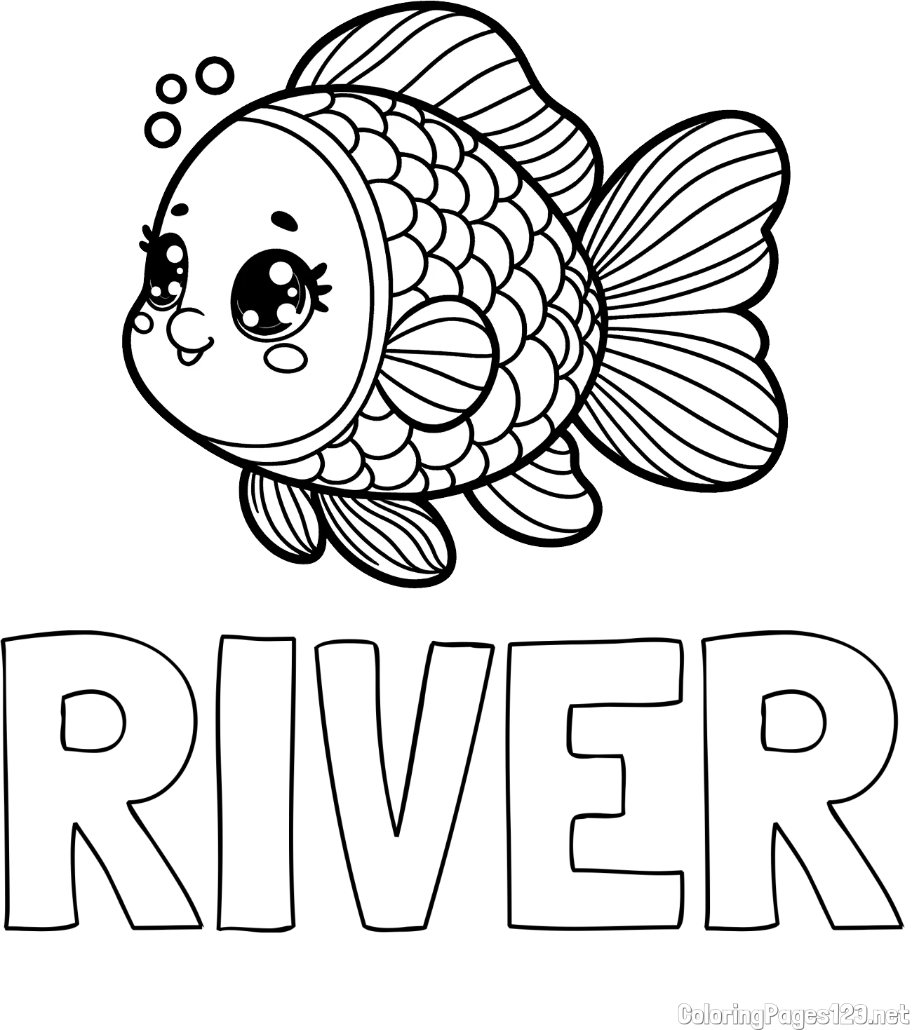 RIVER Coloring Page and Coloring Page of a Cute Fish