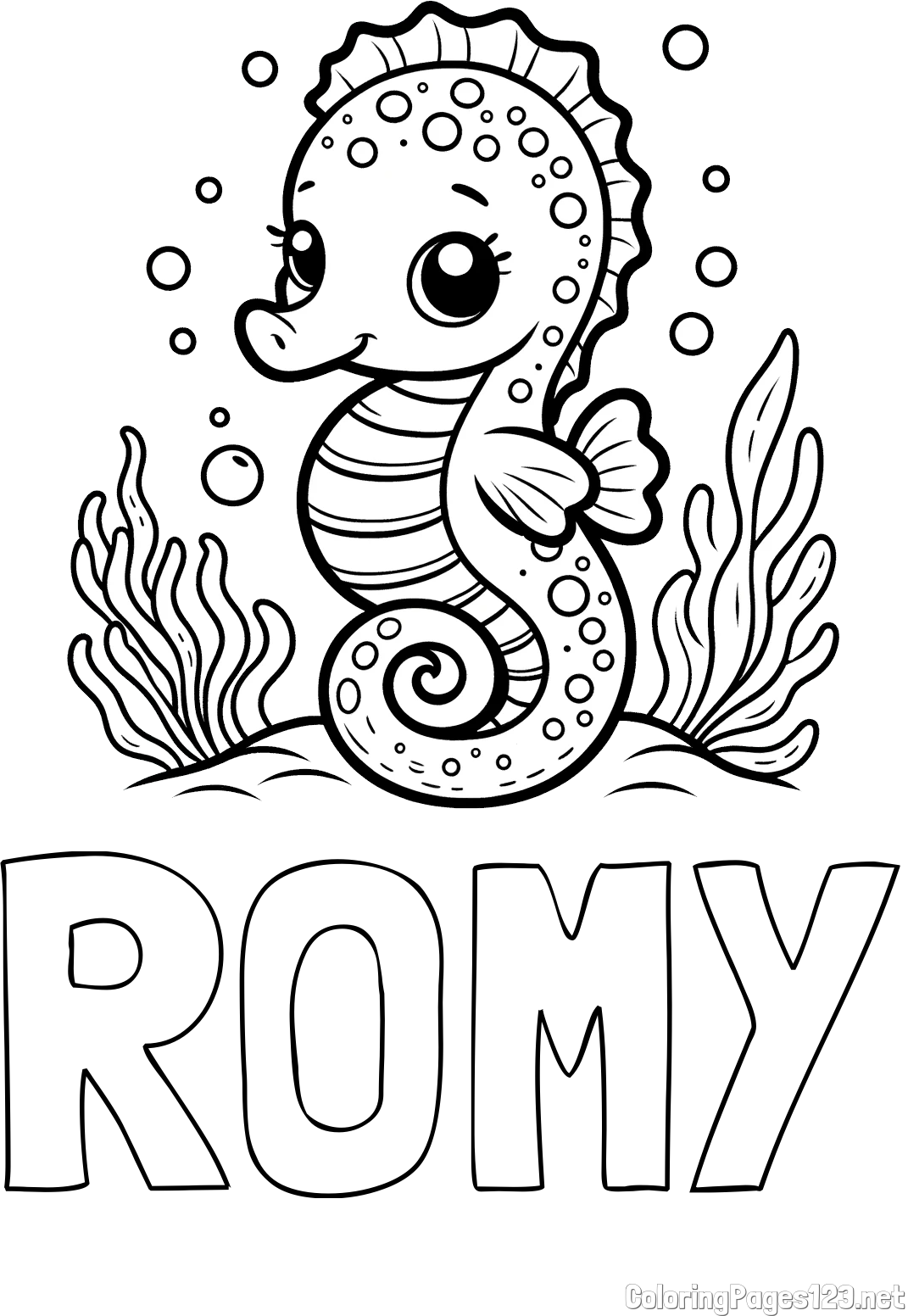 ROMY Coloring Page and Cute Seahorse Coloring Page