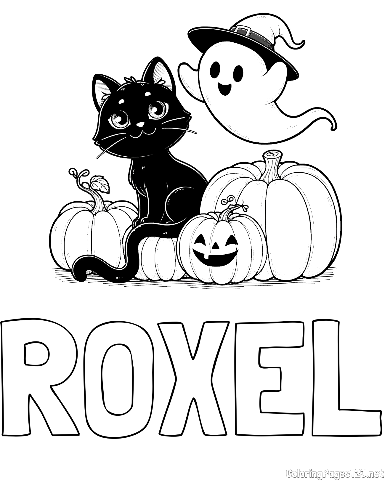 ROXEL Coloring Page and Halloween Pumpkin Coloring Page for Kids - Happy Cat, Ghost, and Pumpkins
