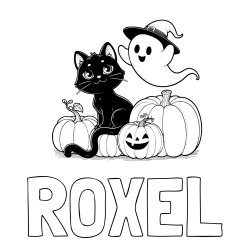 Online Created Coloring Page - ROXEL Coloring Page and Halloween Pumpkin Coloring Page for Kids - Happy Cat, Ghost, and Pumpkins