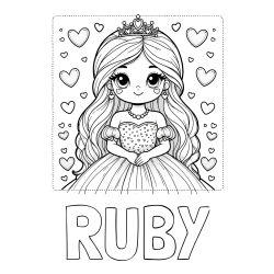 Online Created Coloring Page - RUBY Coloring Page alongside Coloring Page of a Princess Surrounded by Hearts