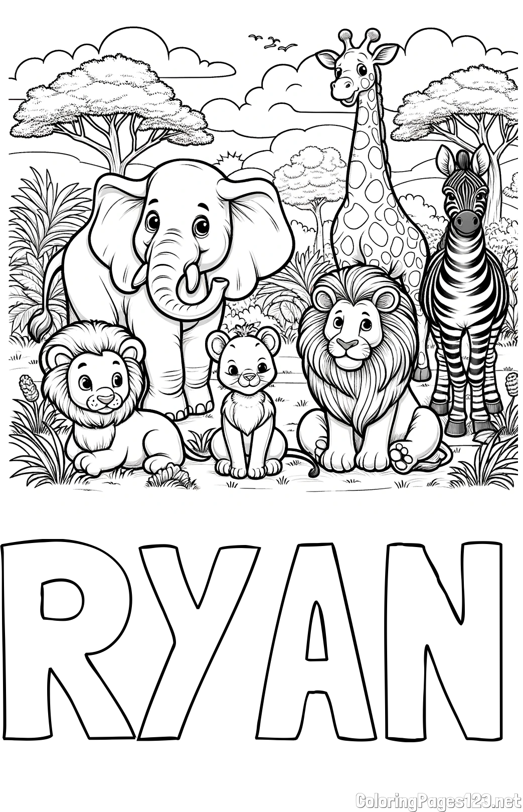 RYAN Coloring Page and Beautiful Animal Coloring Page - Lion Family, Elephant, Giraffe, and Zebra