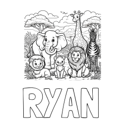 Online Created Coloring Page - RYAN Coloring Page and Beautiful Animal Coloring Page - Lion Family, Elephant, Giraffe, and Zebra