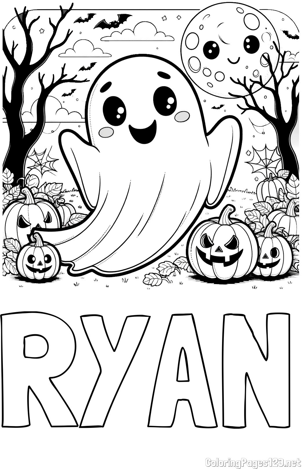 RYAN Coloring Page and Halloween Coloring Page of a Ghost with Pumpkins