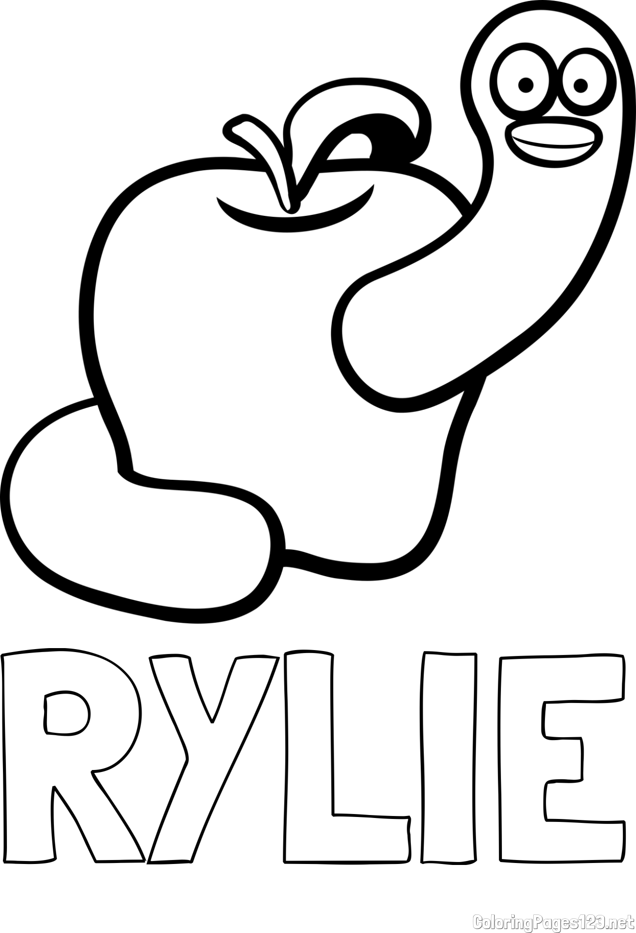 RYLIE Coloring Page and Apple and Smiling Worm Coloring Page