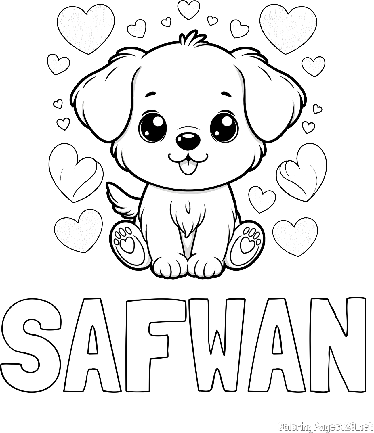 SAFWAN Coloring Page and Coloring Page of a Cute Dog and Hearts