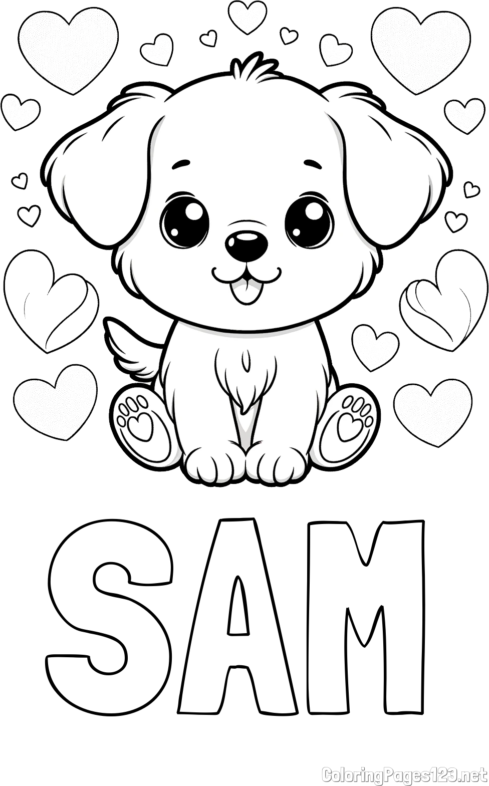 SAM Coloring Page and Coloring Page of a Cute Dog and Hearts