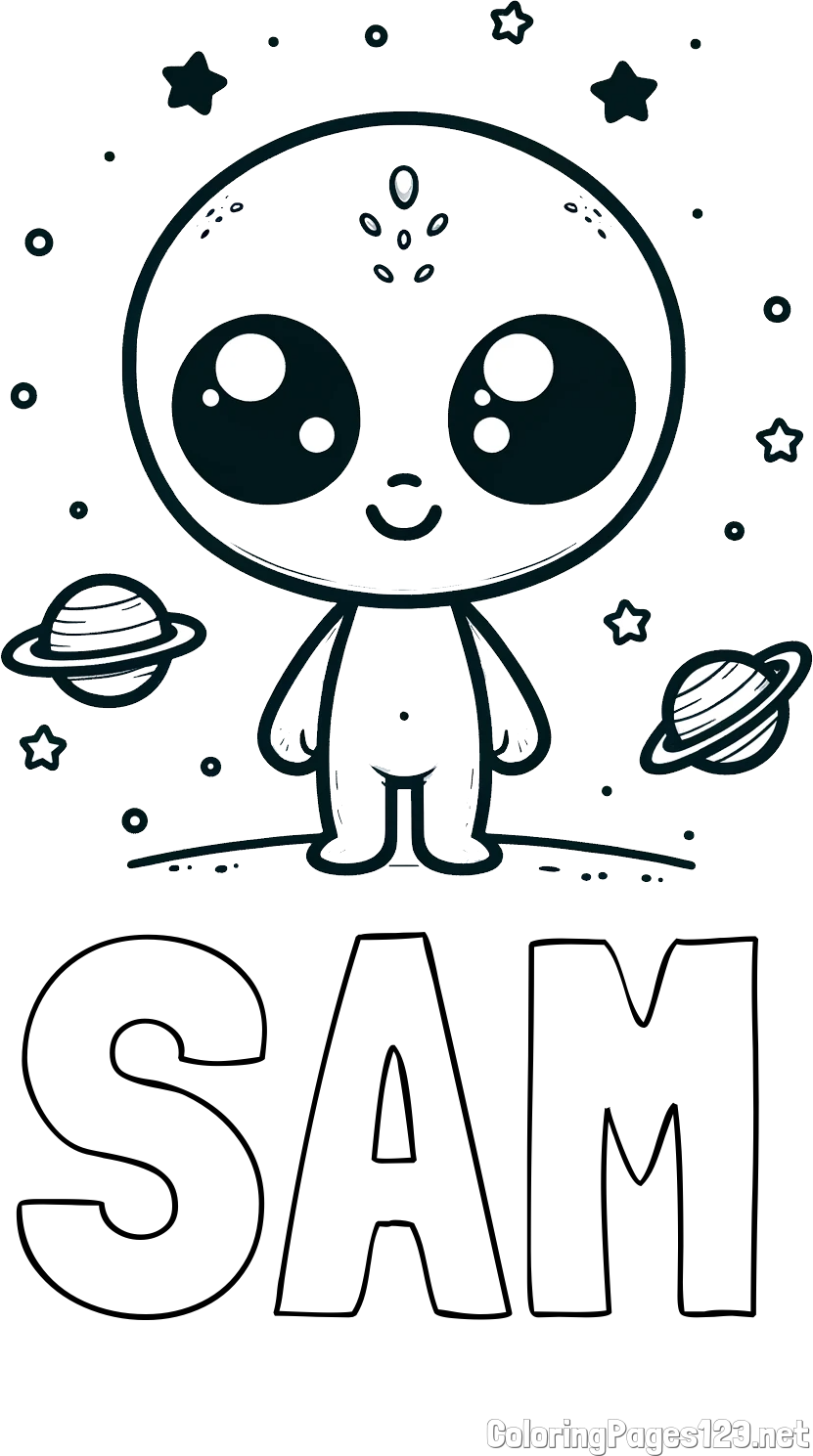 SAM Coloring Page and Cute Alien Coloring Page - Smiling with Planets and Stars