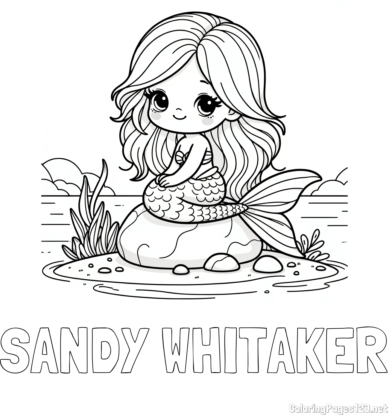 SANDY WHITAKER Coloring Page and Coloring Page of a Cute Mermaid Sitting on a Stone