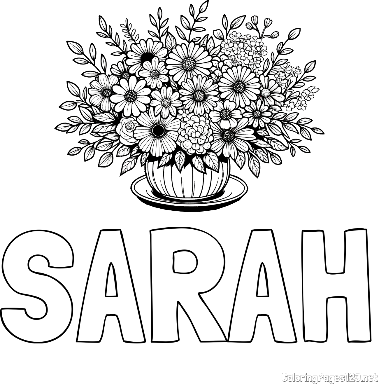 SARAH Coloring Page and Beautiful Bouquet of Flowers Coloring Page