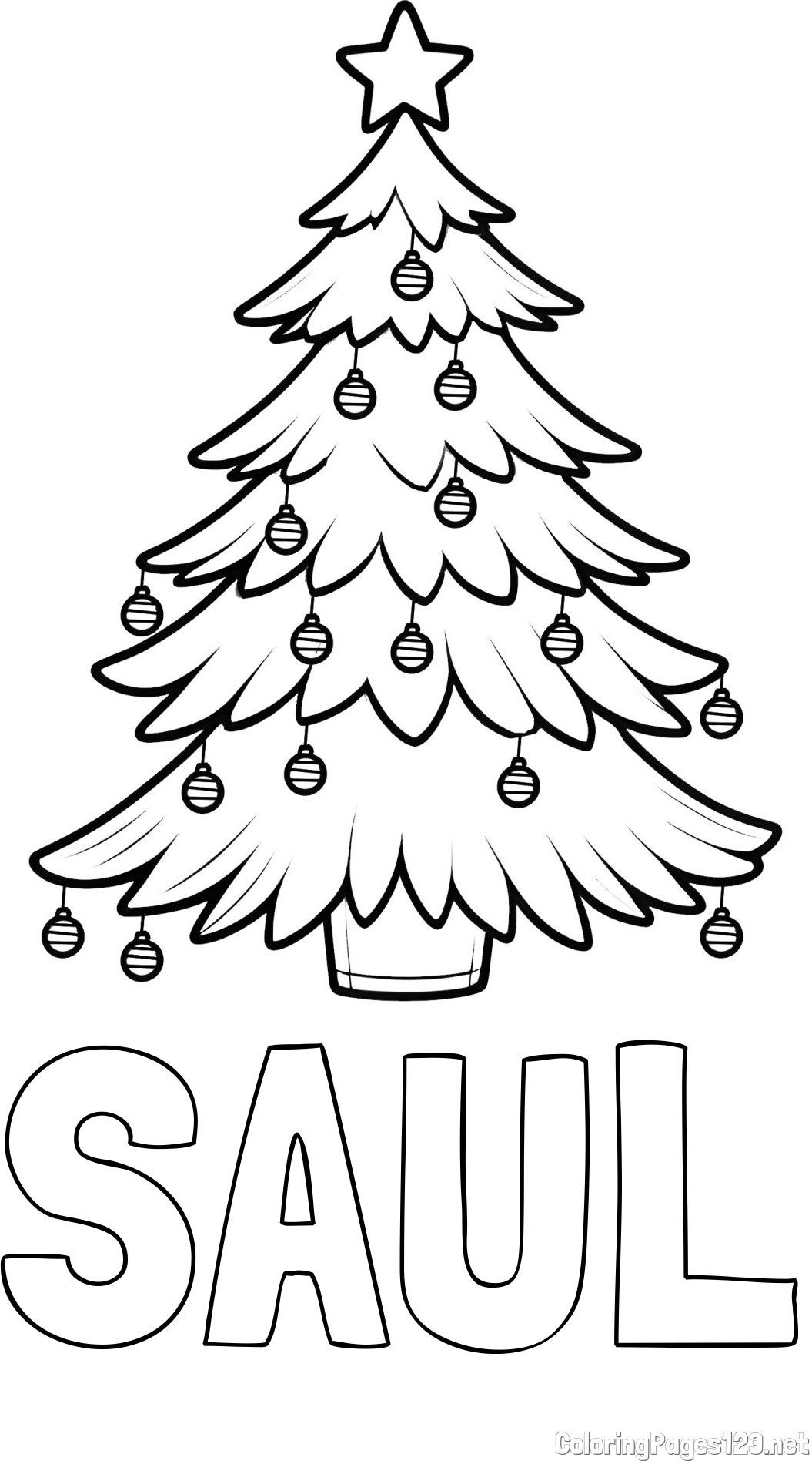 SAUL Coloring Page and Christmas Tree with Star and Ornaments Coloring Page