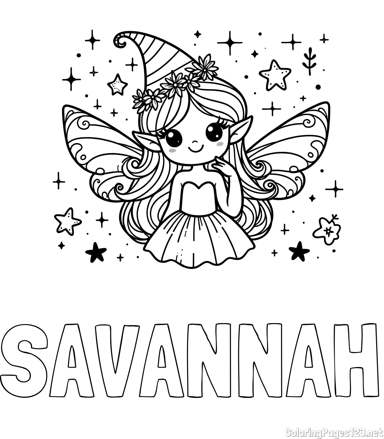 SAVANNAH Coloring Page and Coloring Page of a Cute and Smiling Magical Fairy