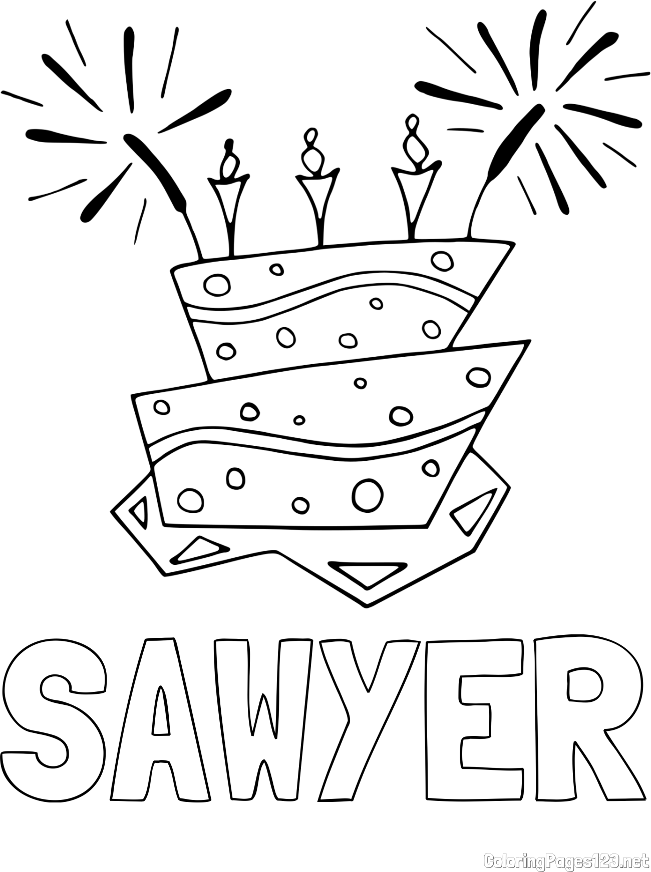 SAWYER Coloring Page and Birthday Cake Coloring Page
