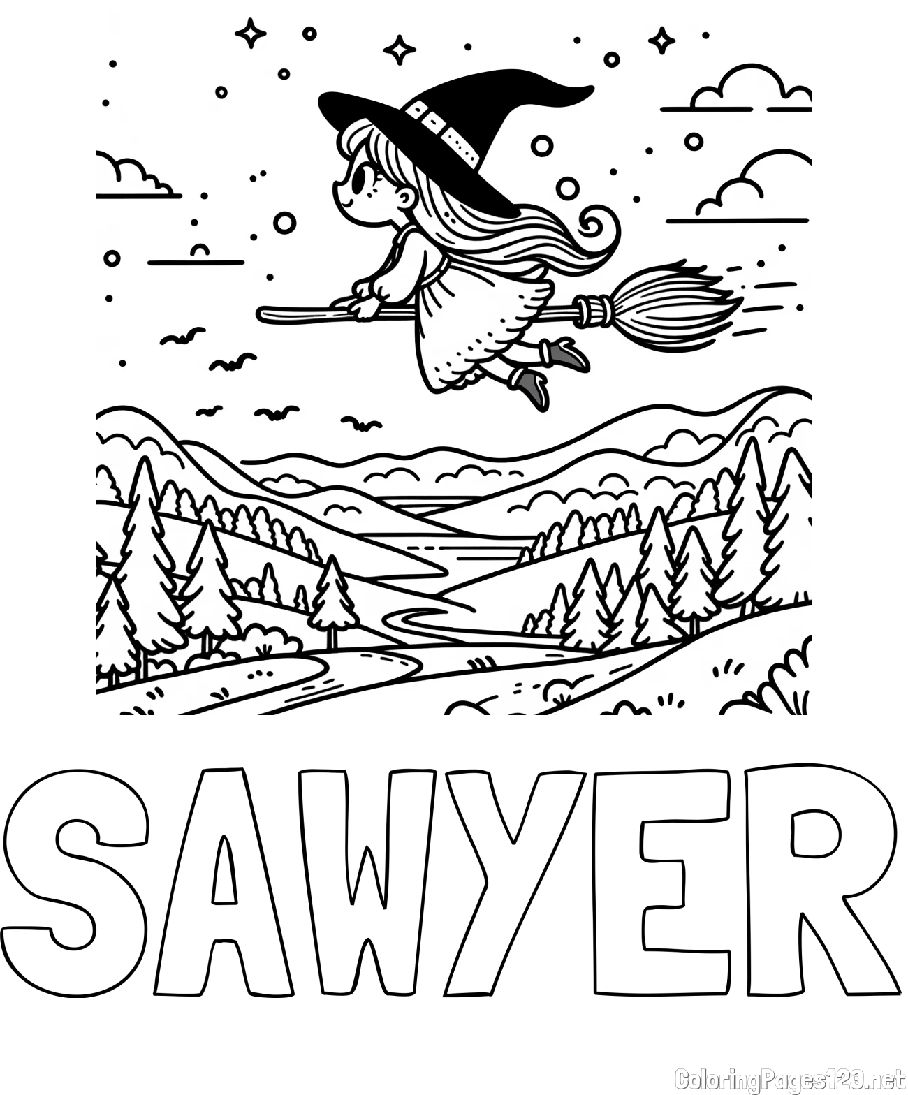 SAWYER Coloring Page and Coloring Book of a Witch Flying on a Broom