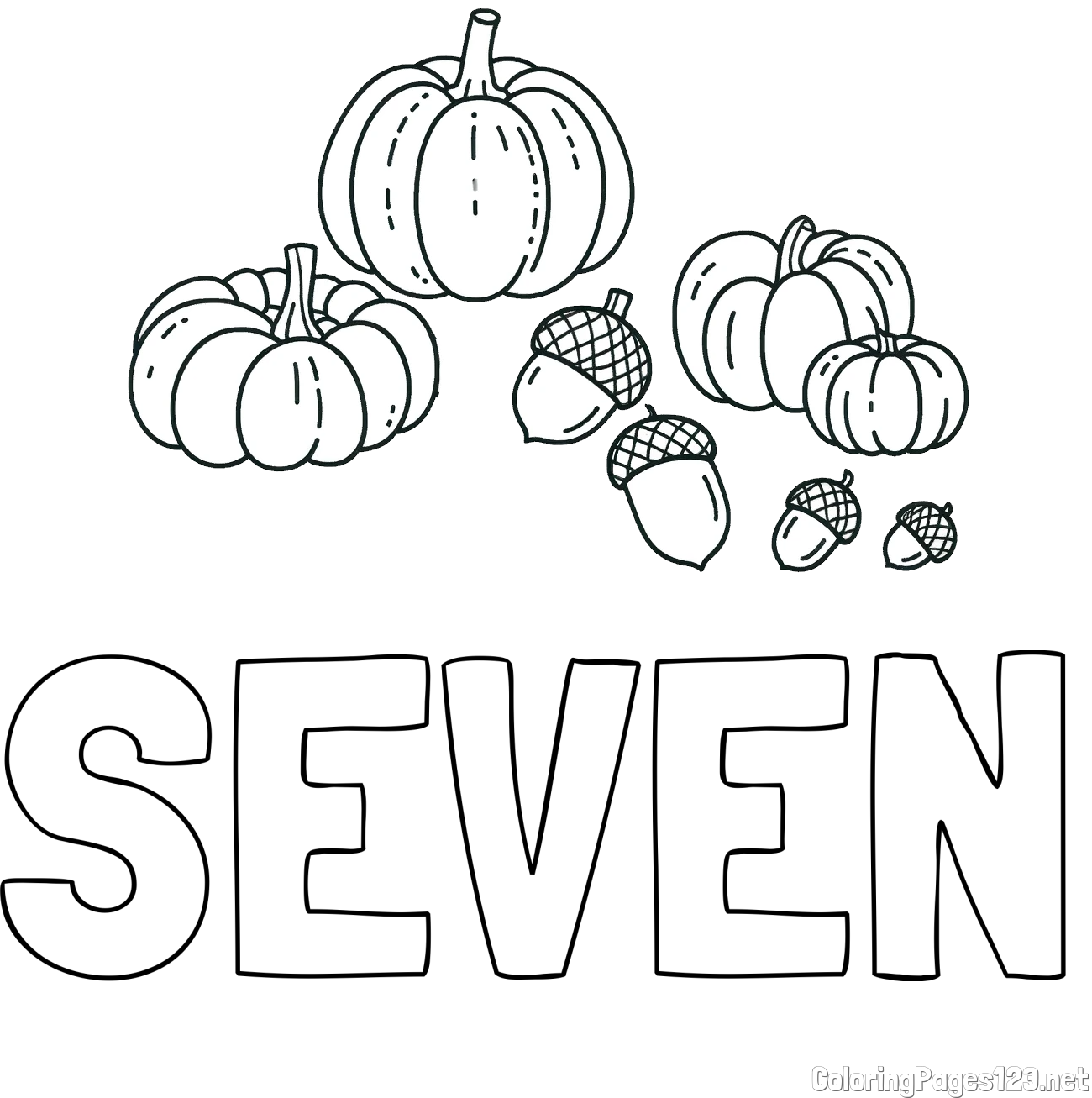 SEVEN Coloring Page and Autumn Harvest Coloring Page - Acorns and Pumpkins