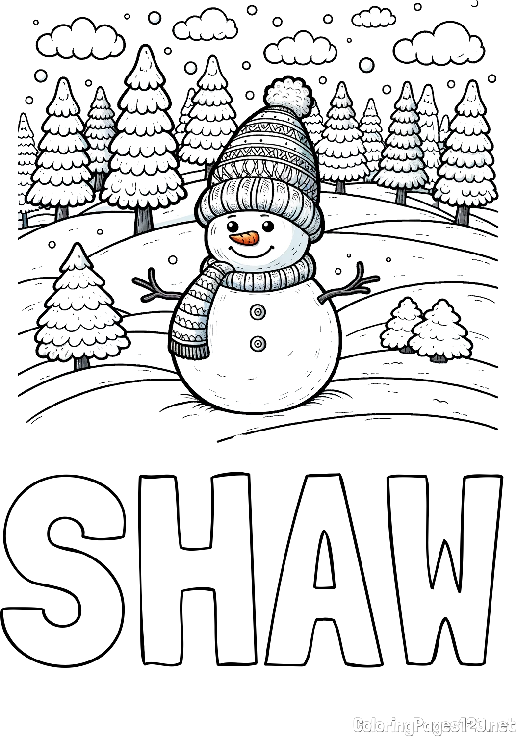 SHAW Coloring Page alongside Coloring Page of a Snowman with Pine Trees in the Background