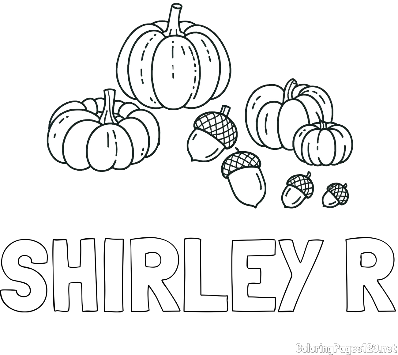 SHIRLEY R Coloring Page and Autumn Harvest Coloring Page - Acorns and Pumpkins