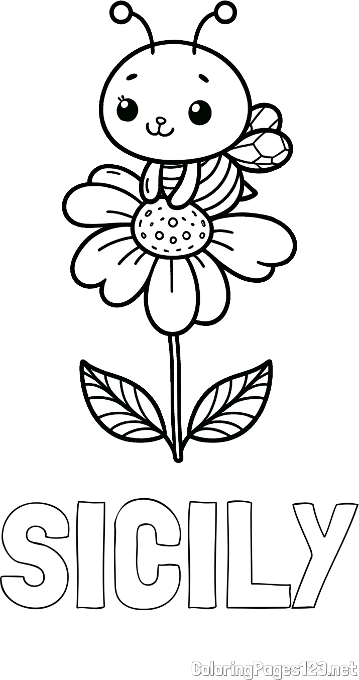 SICILY Coloring Page and Coloring Page of a Cute Bee on a Flower