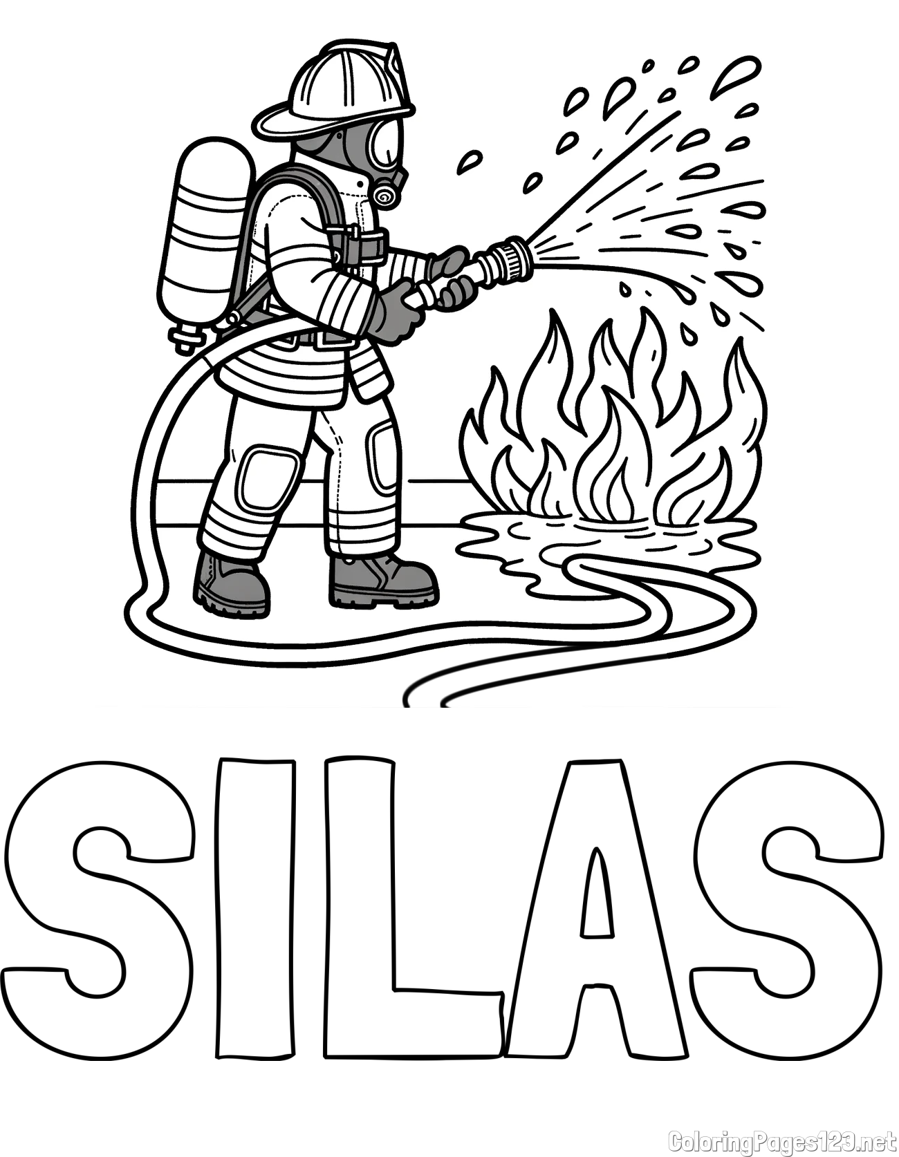 SILAS Coloring Page and A coloring page of a firefighter and a big fire