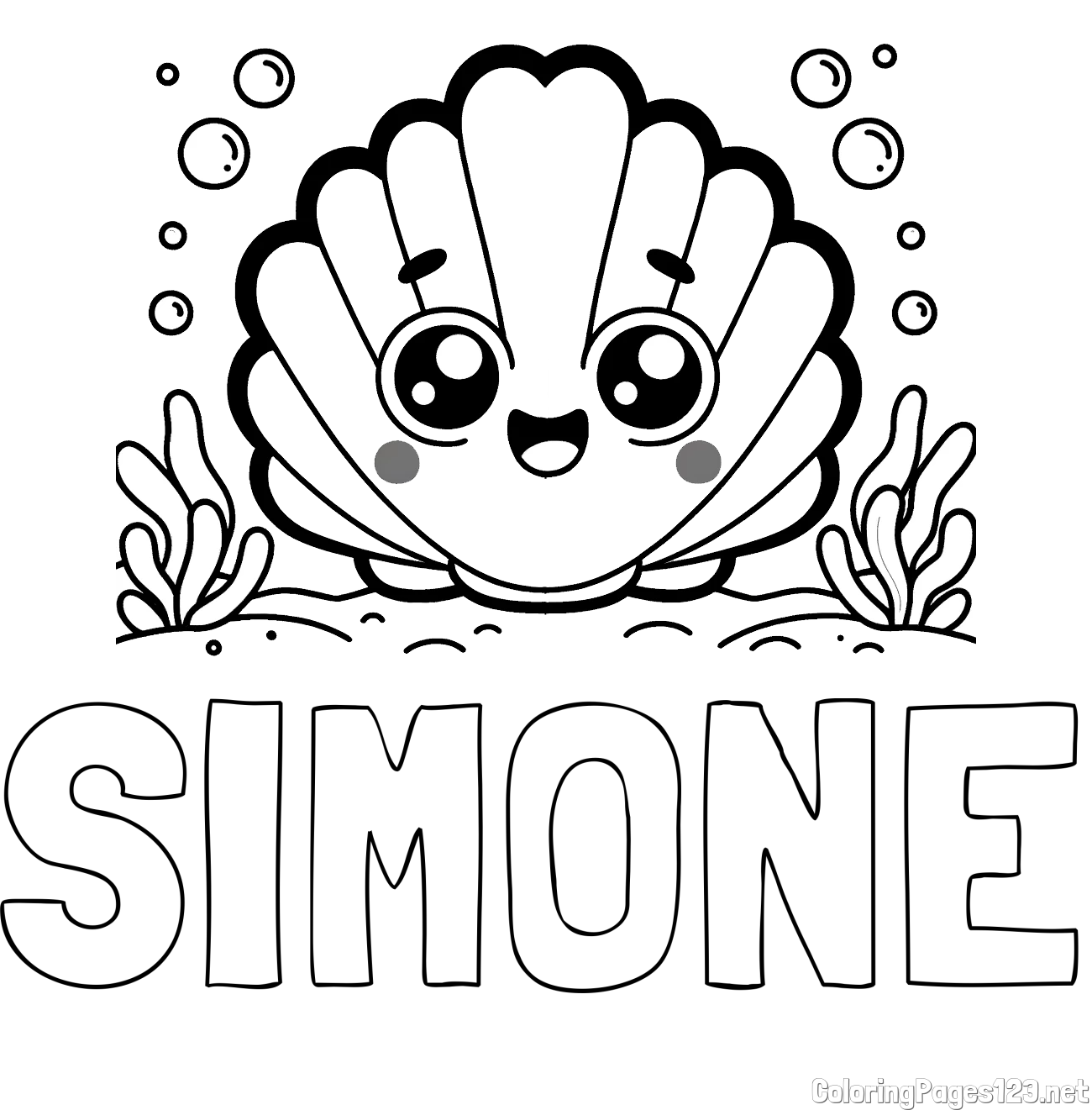 SIMONE Coloring Page and Smiling Seashell Coloring Page for Kids
