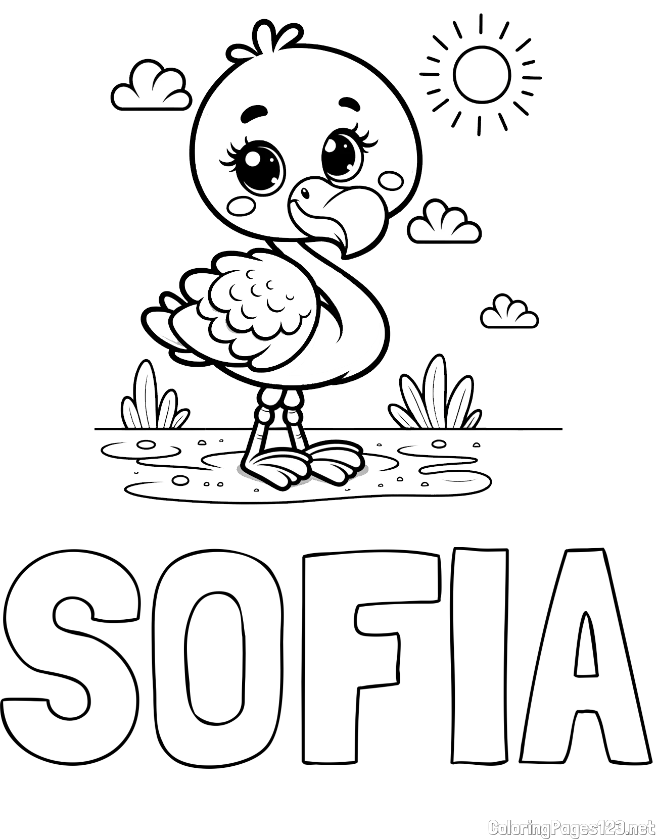 SOFIA Coloring Page and Easy Coloring Page of a Cute Flamingo