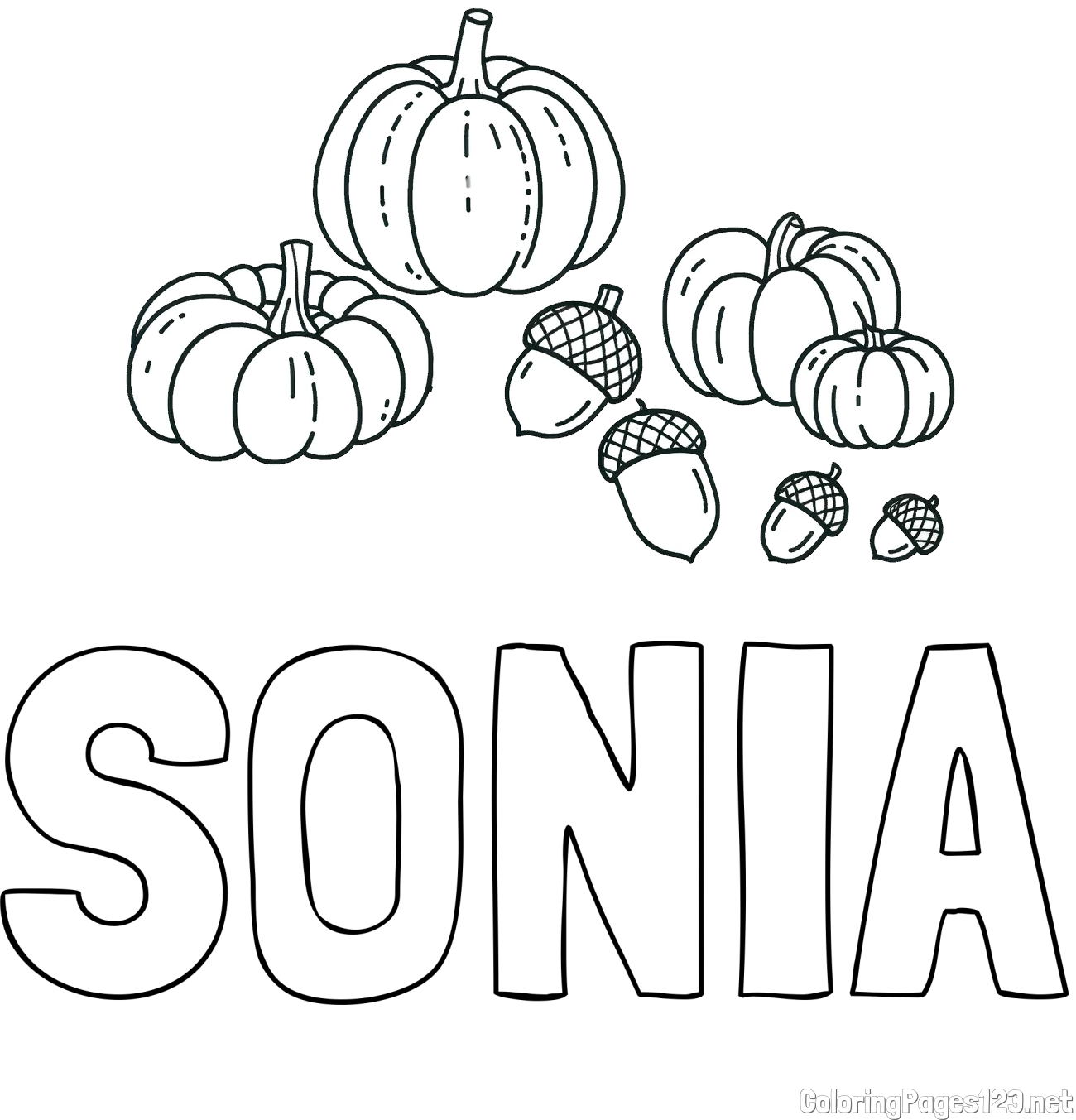 SONIA Coloring Page and Autumn Harvest Coloring Page - Acorns and Pumpkins