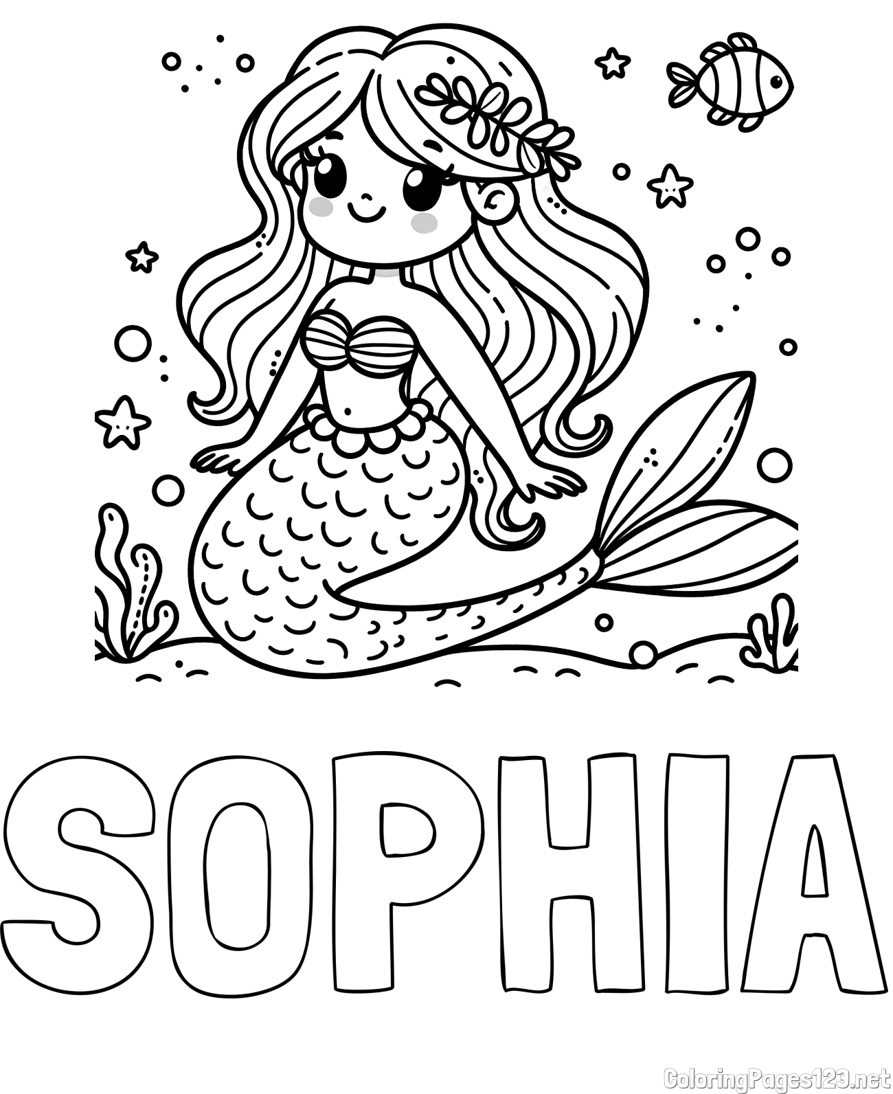 SOPHIA Coloring Page and Coloring Page of a Cute Mermaid in the Sea