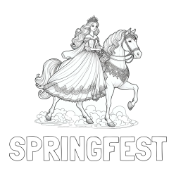 Online Created Coloring Page - SPRINGFEST Coloring Page and Coloring Page of a Princess on a Horse (realistic)