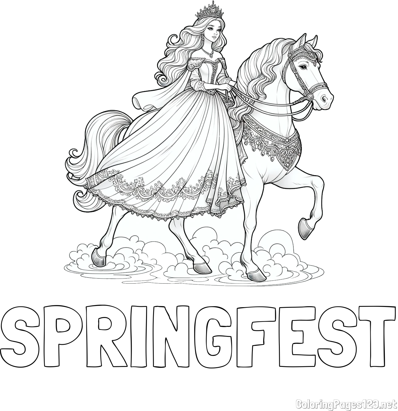 SPRINGFEST Coloring Page and Coloring Page of a Princess on a Horse (realistic)