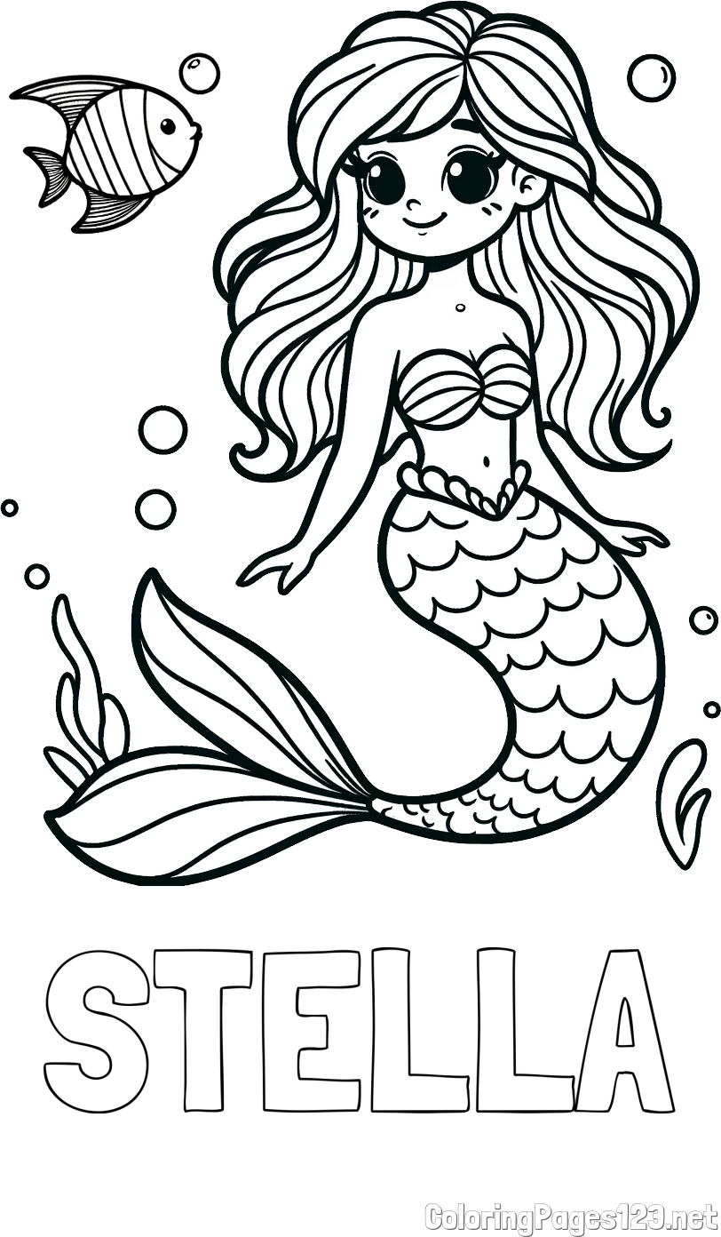 STELLA Coloring Page and Coloring Page of a Little Mermaid and Fish