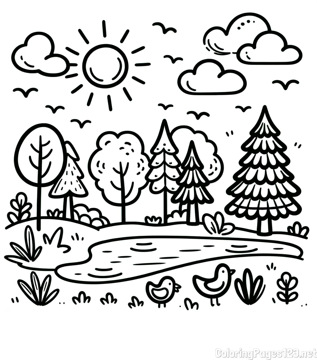 Summer Coloring Page - Pond, Ducks and Forest