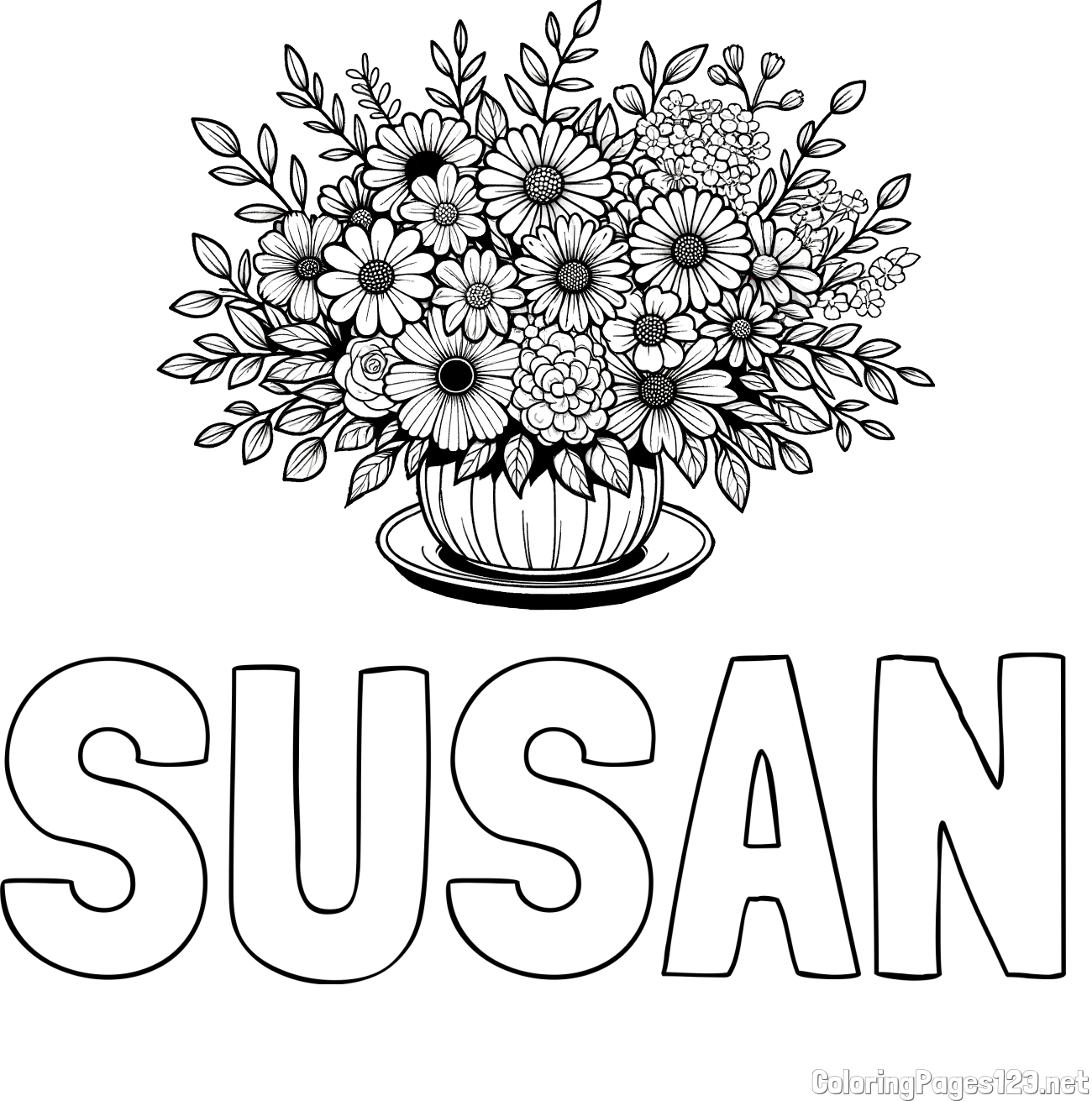 SUSAN Coloring Page and Beautiful Bouquet of Flowers Coloring Page