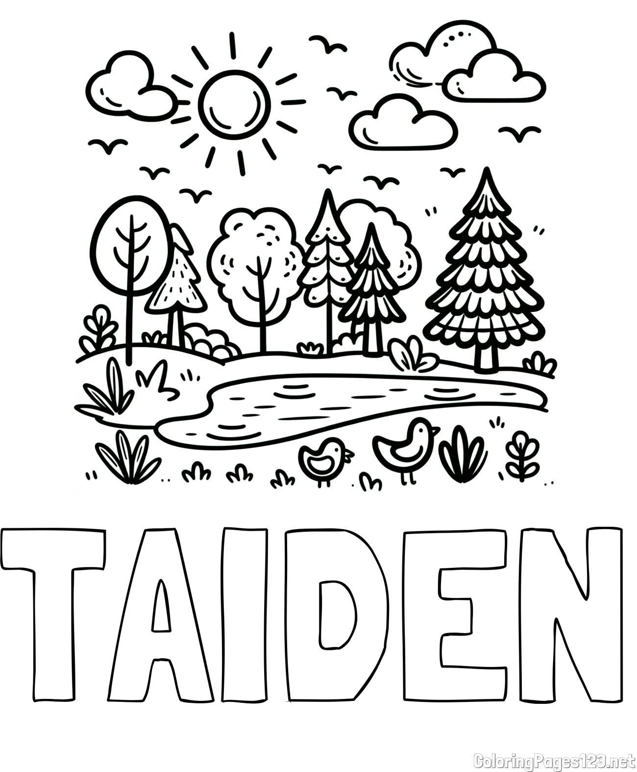 TAIDEN Coloring Page and Summer Coloring Page - Pond, Ducks and Forest