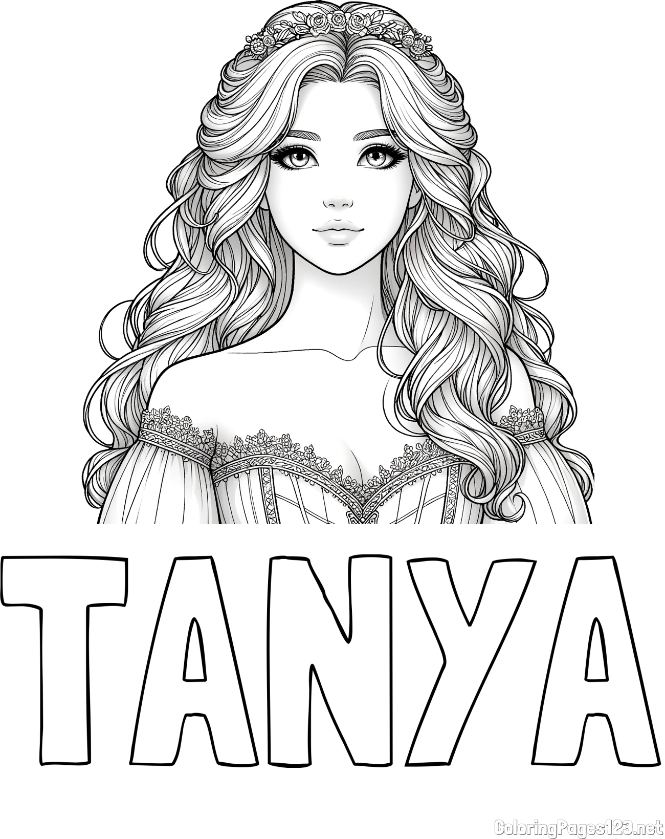 TANYA Coloring Page and Coloring Page of a Cute Realistic Princess