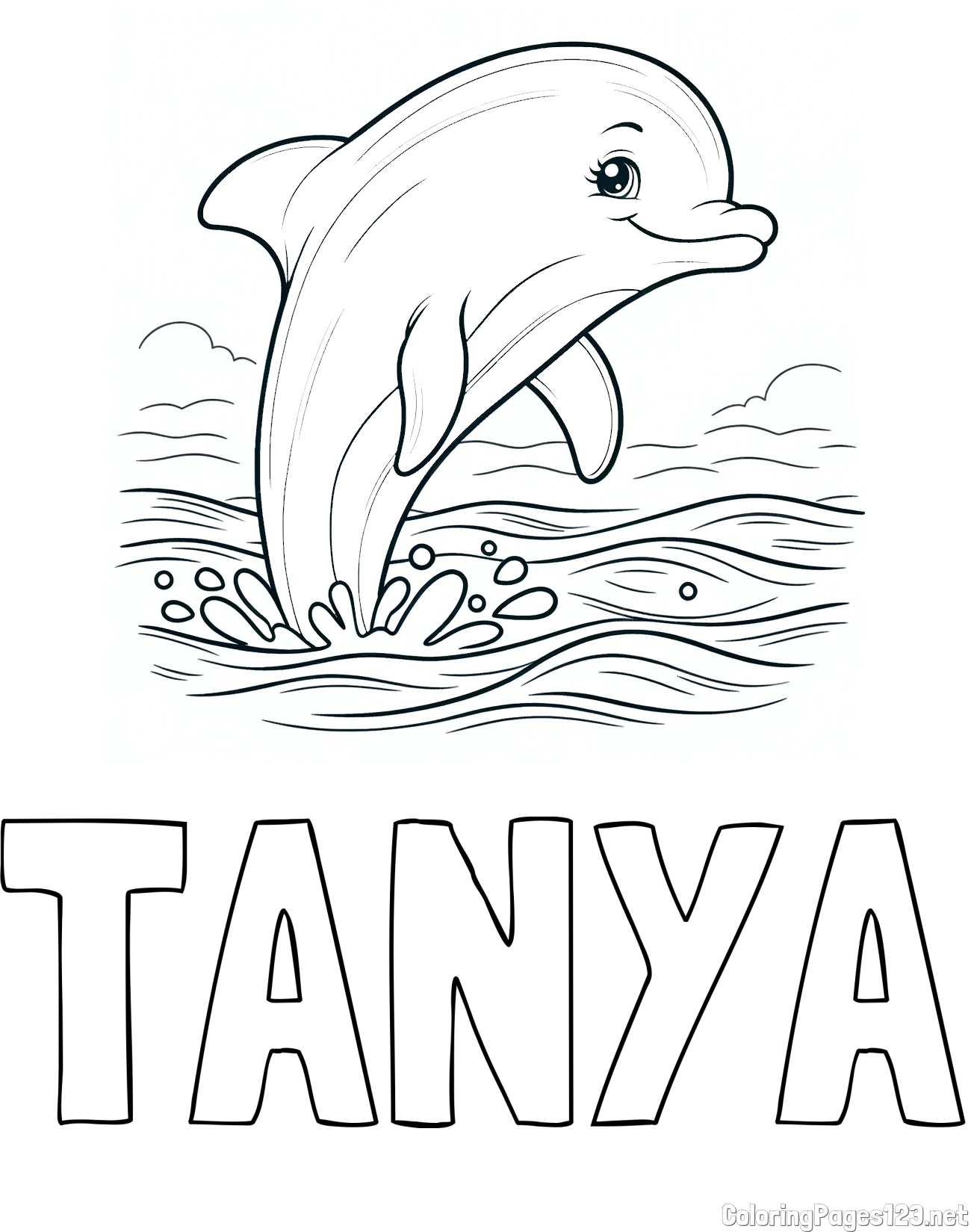 TANYA Coloring Page and Coloring Page of a Smiling Dolphin Jumping