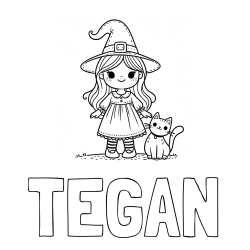 Online Created Coloring Page - TEGAN Coloring Page and Wonderful Coloring Page of a Cute Witch and a Smiling Cat