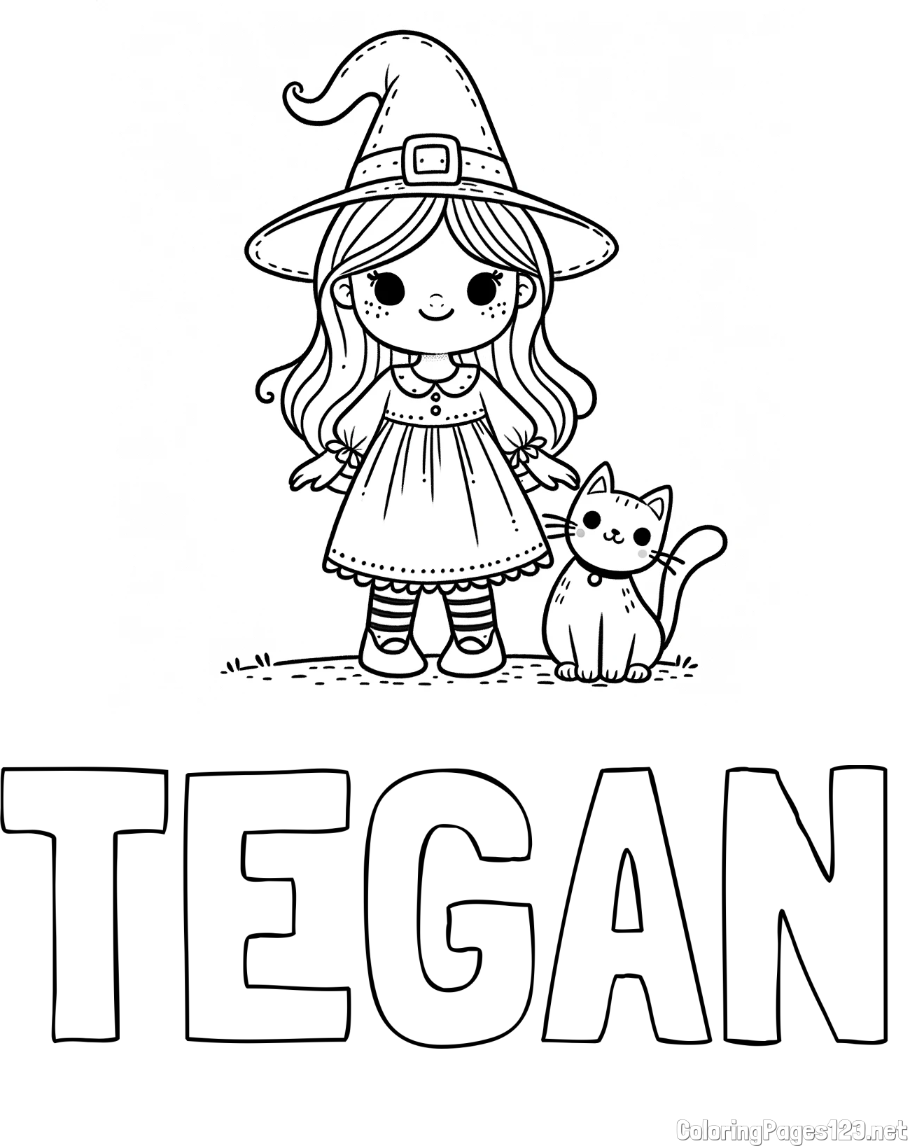 TEGAN Coloring Page and Wonderful Coloring Page of a Cute Witch and a Smiling Cat