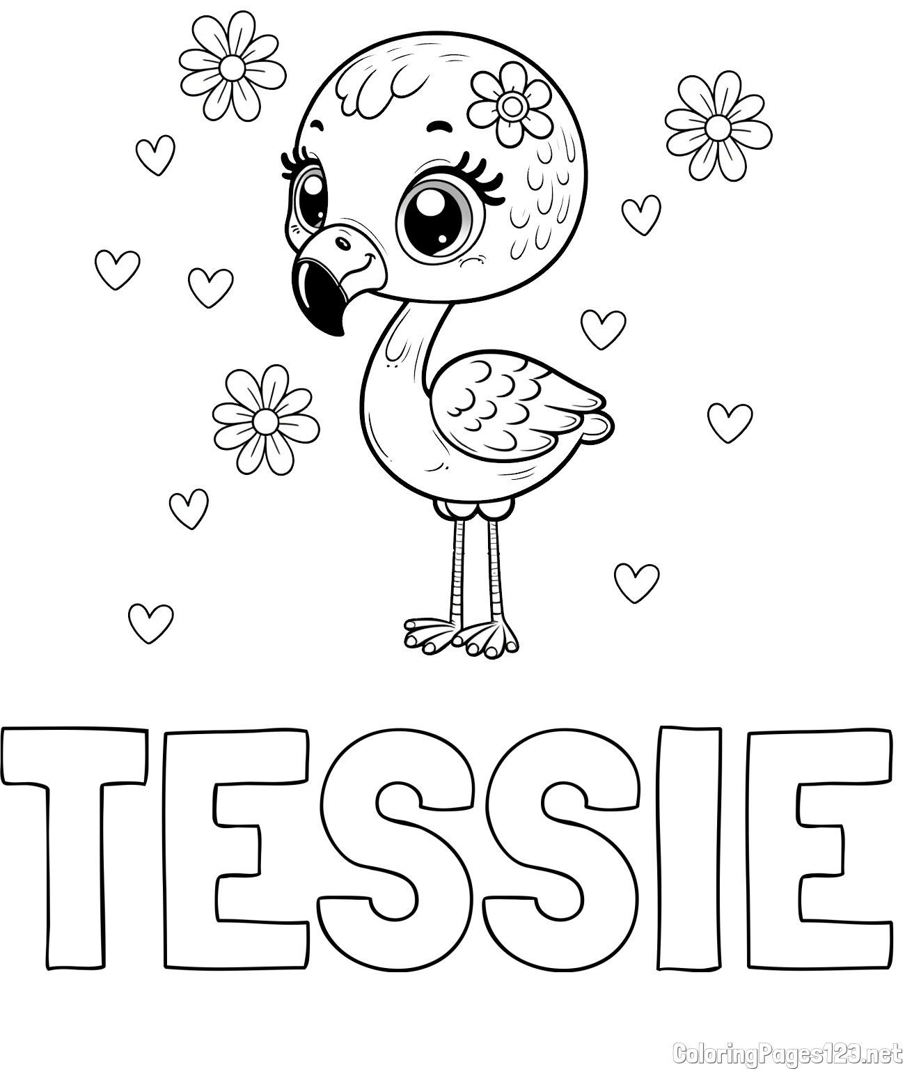 TESSIE Coloring Page and Coloring Page of a Cute Flamingo with Flowers
