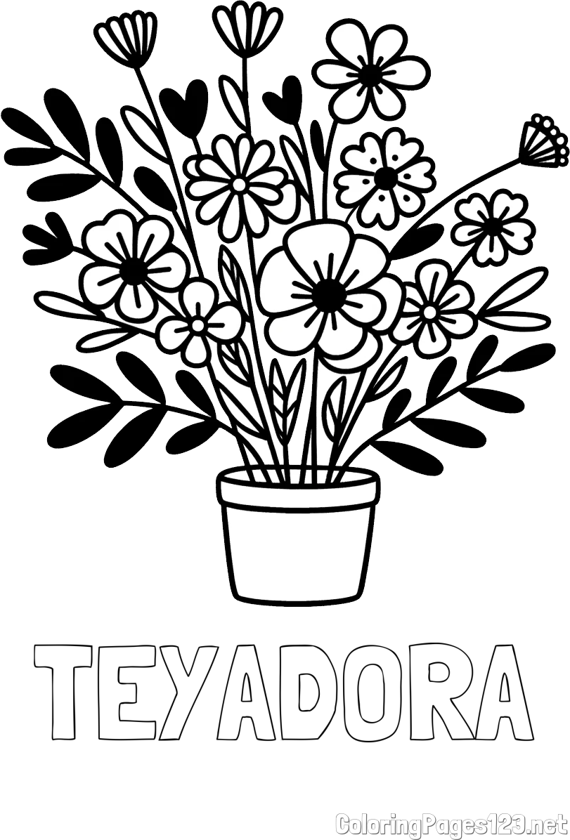 TEYADORA Coloring Page and Easy Flower Bouquet Coloring Page