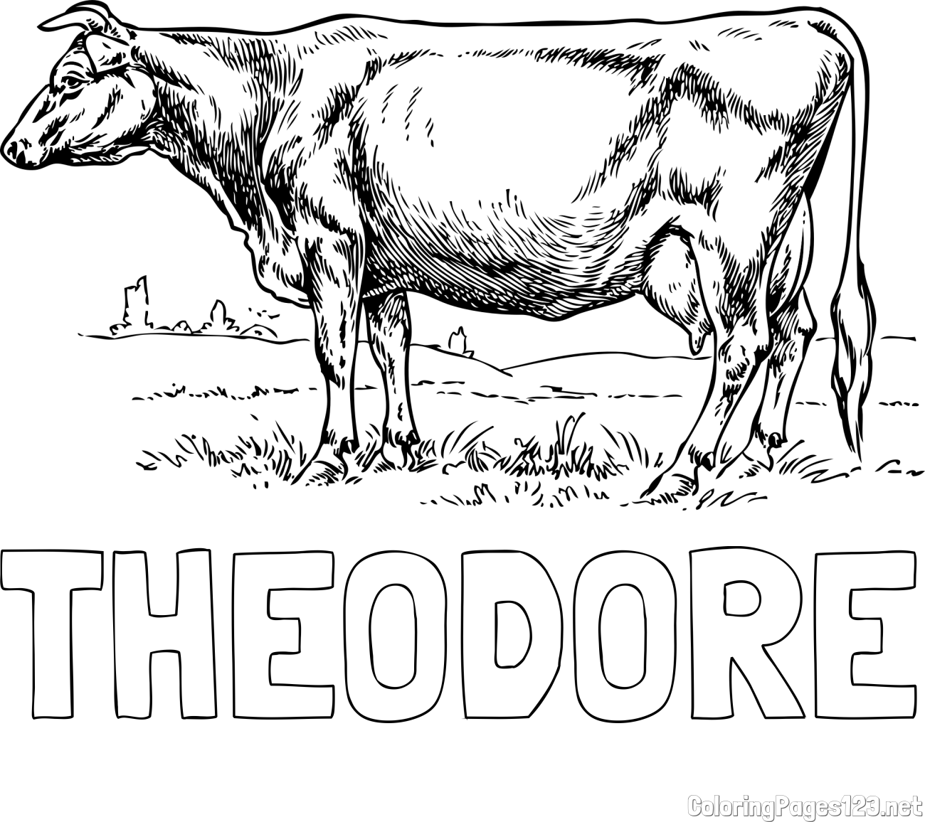 THEODORE Coloring Page and Realistic Cow Coloring Page