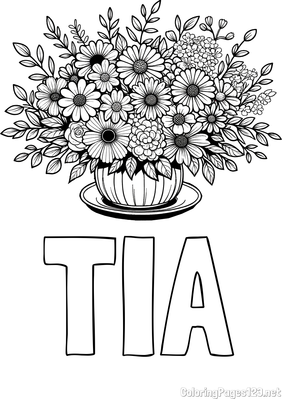 TIA Coloring Page and Beautiful Bouquet of Flowers Coloring Page