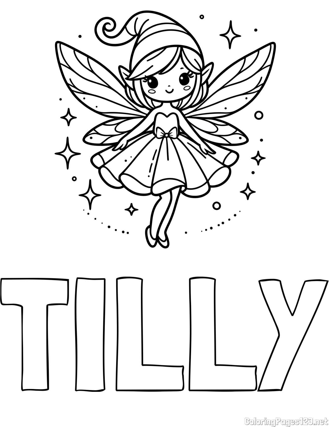 TILLY Coloring Page and Children's Coloring Page of a Wonderful Fairy