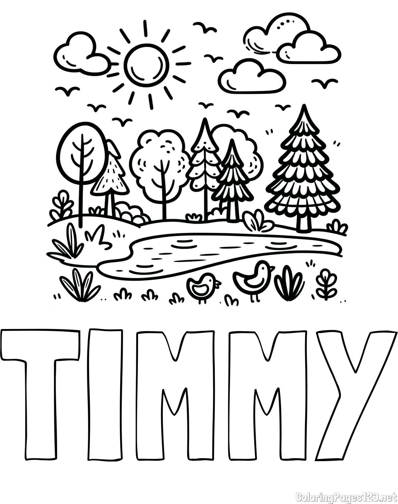 TIMMY Coloring Page and Summer Coloring Page - Pond, Ducks and Forest