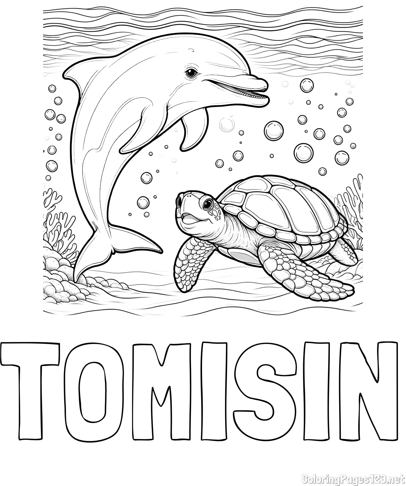 TOMISIN Coloring Page and Coloring Book of a Cute Dolphin and Its Turtle Friend"