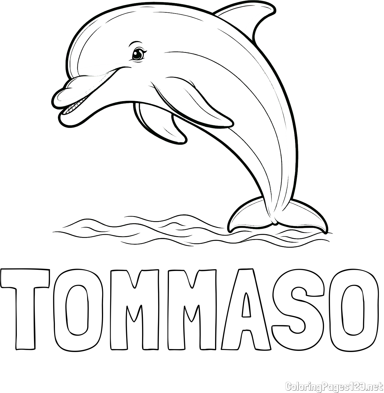 TOMMASO Coloring Page and Children's Coloring Page of a Smiling Dolphin Jumping