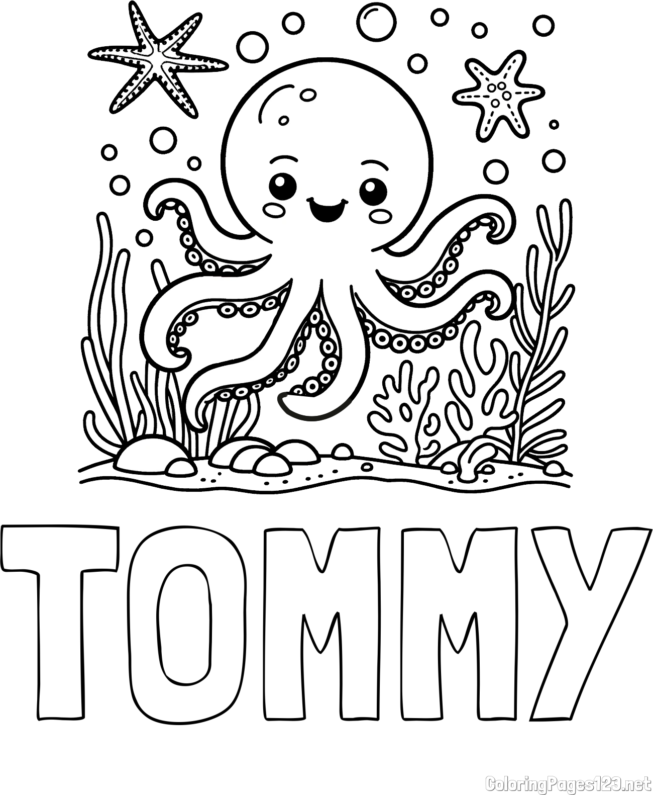 TOMMY Coloring Page and Coloring Page of a Cute Octopus in the Ocean
