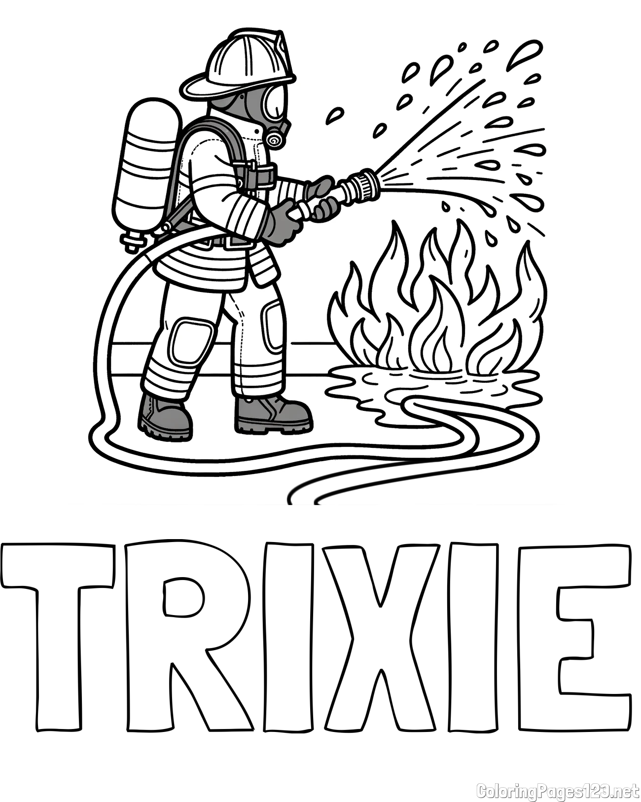 TRIXIE Coloring Page and A coloring page of a firefighter and a big fire