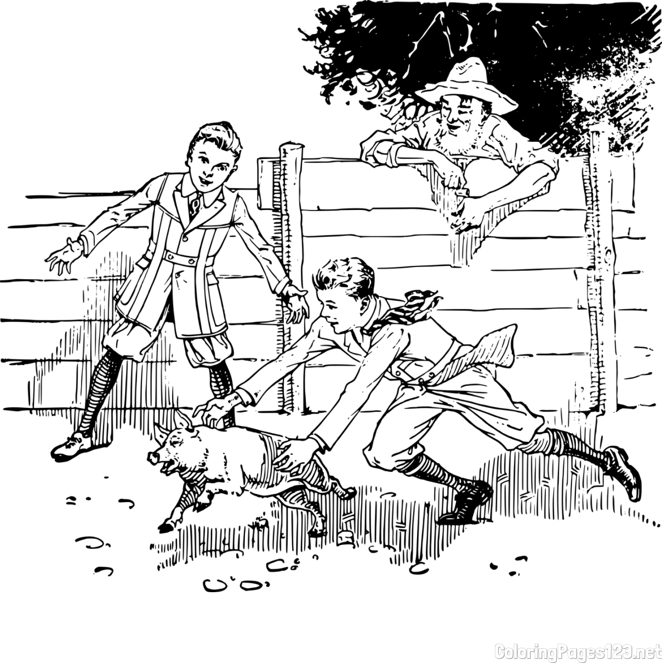 Two Boys Playing with a Piglet Coloring Page